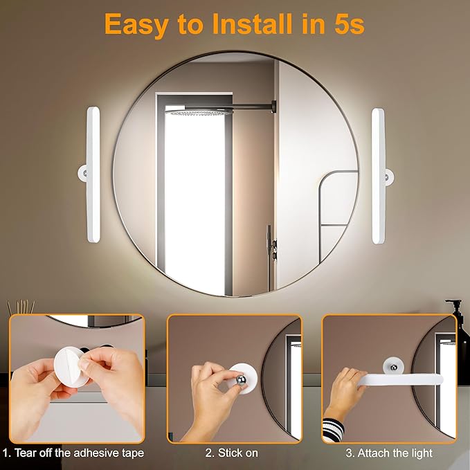 2 Pack Wireless Vanity Lights for Mirror, Rechargeable Battery Operated Makeup Light, Adjustable Color Brightness & Angle Light Bar, Magnetic Stick on LED Lighting Bathroom Decor Accessories