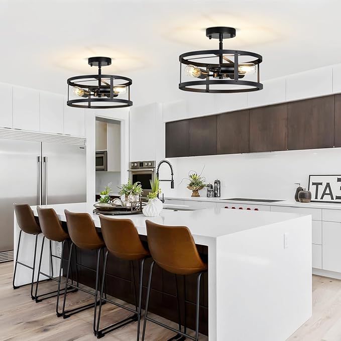 Farmhouse Semi Flush Mount Ceiling Light, 3-Light Black Metal Cage Rustic Chandelier, Industrial Pendant Lighting for Hallway, Bedroom, Kitchen, Foyer, Living Room, Dining Room, Entryway