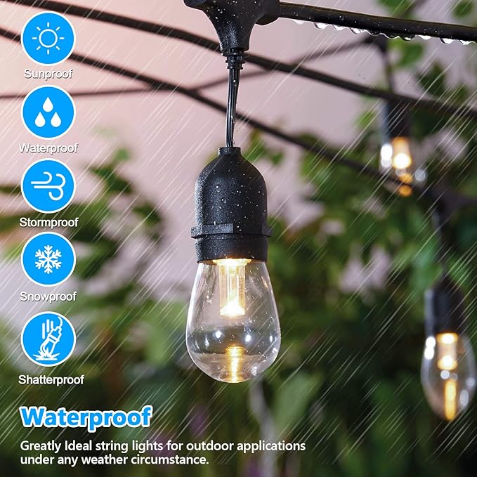 3 Color Dimmable LED Outdoor String Lights with Remotes, 48FT Waterproof Patio Hanging Lights with Shatterproof E26 S14 LED Bulbs for Bistro Cafe Pergola Party, Warm White/Nature White/Daylight White