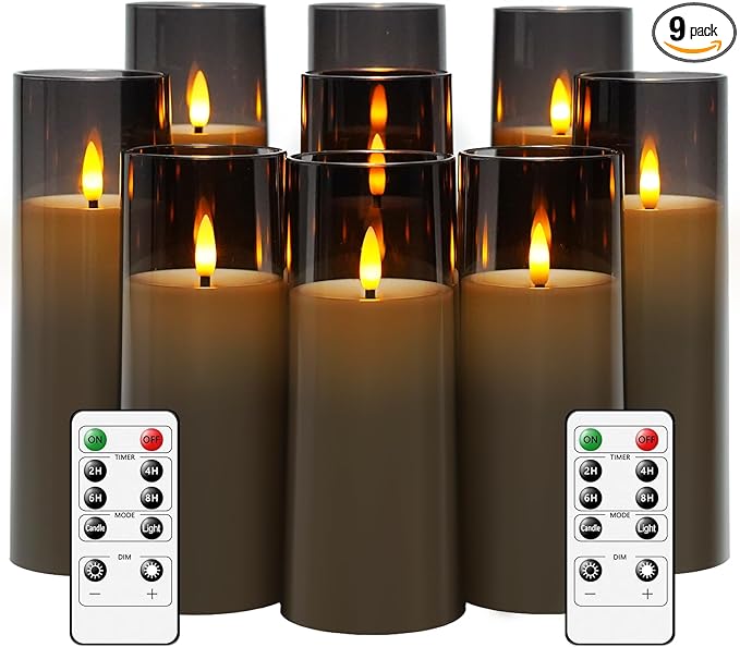 Flickering Flameless Candles Battery Operated with Remote and 2/4/6/8 H Timer Plexiglass Led Pillar Candles Pack of 9 (D2.3 xH5.5 6.5" 7.5") with Realistic 3D Wick Candles for Home Decor(Grey)