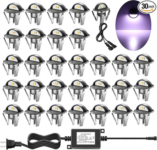 Pack of 30 Low Voltage LED Deck Lighting Kit Stainless Steel Waterproof Outdoor Landscape Garden Yard Patio Step Decoration Lamps LED In-ground Lights (Cold White)