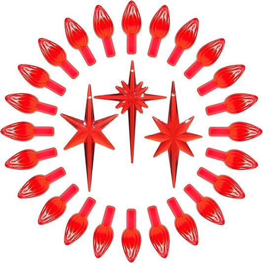 Ceramic Christmas Tree Replacement Lights Bulbs, Red Medium Twist Plastics Pegs Ornaments for Ceramic Tree(87 Bulbs＆ 3 Topper Star)