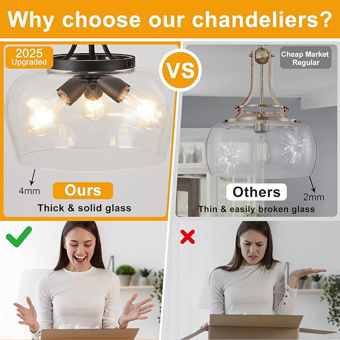 14.2" Modern Pendant Lights Kitchen Island, 3-Light Matte Black Pendant Light Fixtures with Clear Glass Shade, Industrial Hanging Pendant Lights Fixture for Kitchen Island Dining Room Bedroom Entryway