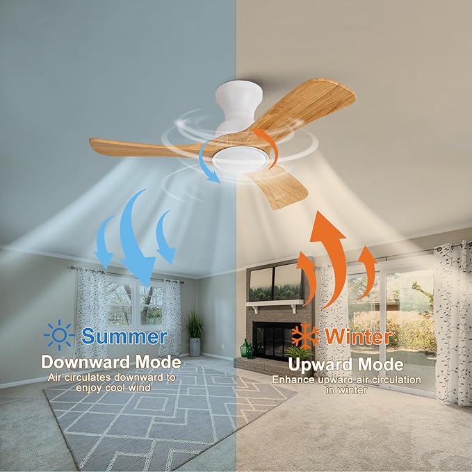 Flush Mount Ceiling Fans with Lights,36 inch,Remote Control,Wall Switch,Solid Wood Blades,Dimmable,Reversible Noiseless,Power Off Memory Modern Ceiling Fan for Bedroom Patio Indoor/Outdoor