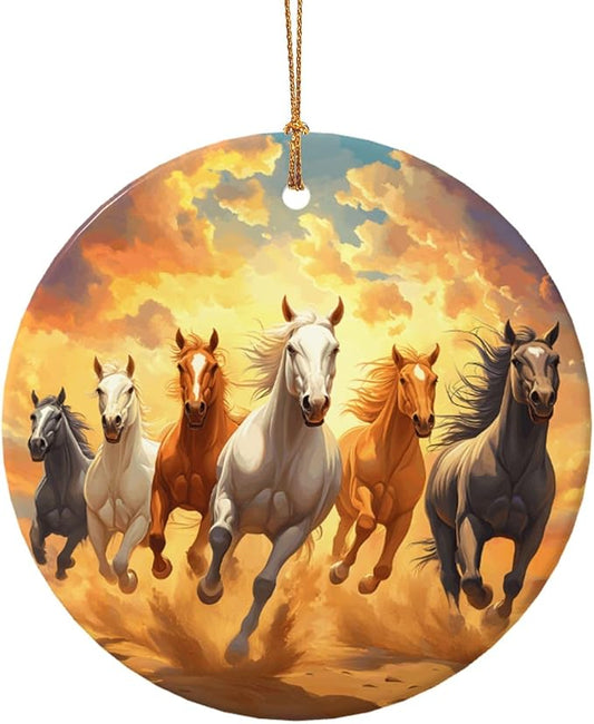 Cartoon Horse Running Christmas Ornaments, Christmas Decorations Xmas Tree Hanging Ornaments, Round Ceramic Festive Keepsake Gift for Xmas Decorations Holiday Home Decor