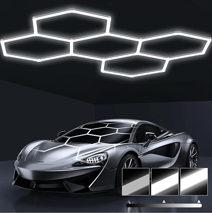 HYPERLITE Gen 2 Hexagon Garage LED Light, Upgraded 3 Level Dimmable 168W 16800LM Super Bright Garage Detailing Lights, 5 Grids Hex Shop Light, Hexagon LED Lights for Basement, Car Wash, Gym, Shop