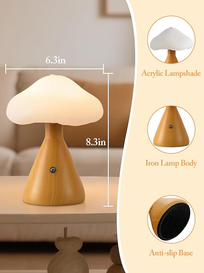 Cordless Table Lamp,Mushroom Lamp with 3 Colors,Rechargeable LED Reading Light,Touch Lamps for Nightstand,Aesthetic Lamp for Dorm Bedroom Living Room Home Decor