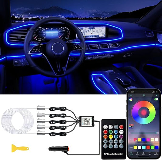 Interior Car LED Strip Lights with Wireless APP and Remote Control, RGB 5 in 1 Ambient Lighting Kits with 236 inches Fiber Optic, 16 Million Colors Car Neon Lights, Sync to Music