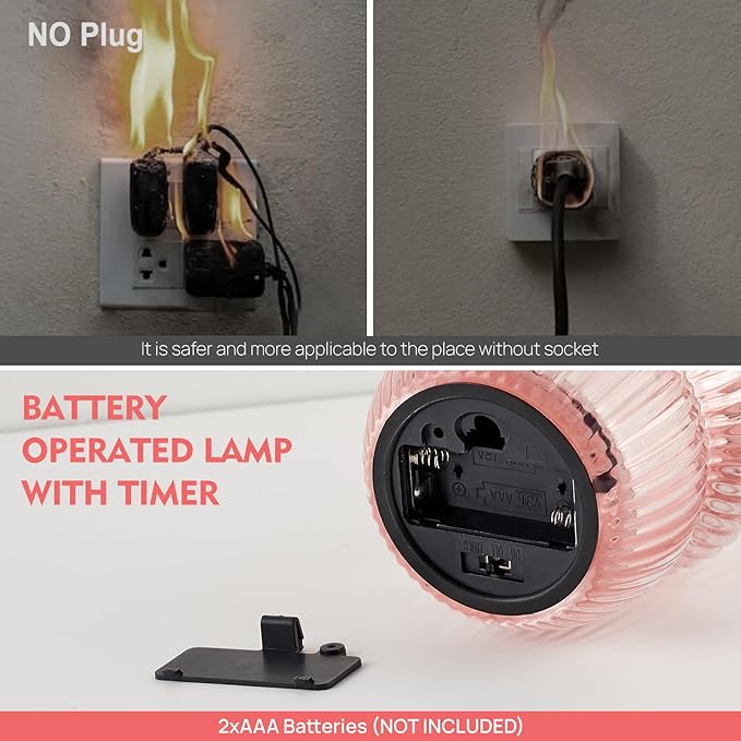 Small Battery Operated Lamp with Timer, Tiny Cordless Glass Table Lamp for Home Decor, Kitchen, Bathroom, Birthday Gift for Women, Mushroom, Pink