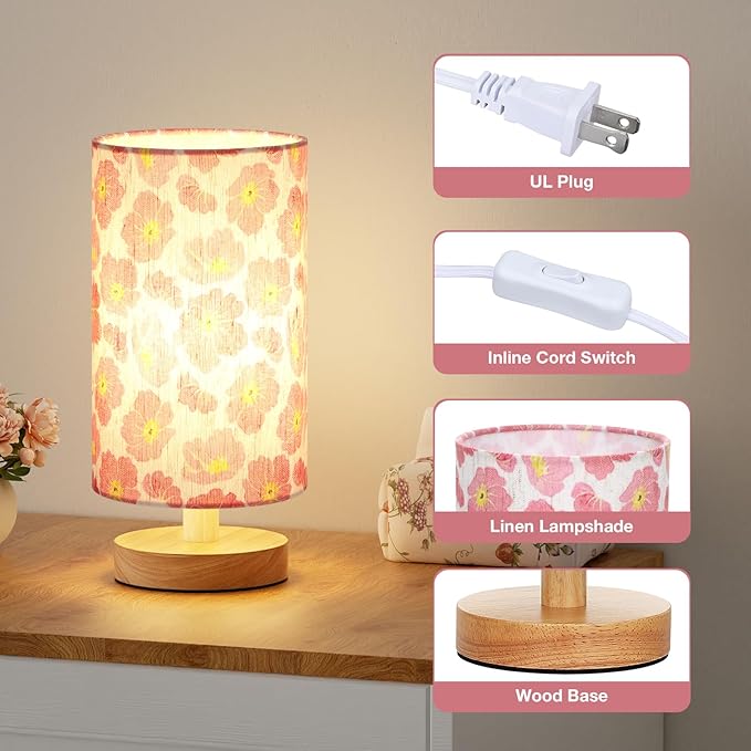 Fenmzee Cherry Table Lamp for Bedroom - Inline Control, Small Bedside Lamp with 3000K A15 LED Blub, Easy Assembly (Cherry Cream Shade, 9" Inline Control)