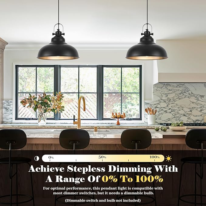 Black Pendant Lights Kitchen Island, 2 Pack Kitchen Island Lighting, Farmhouse Pendant Light Fixtures (11.41" W), Island Pendant Light for Kitchen, Dining Room, Bedroom