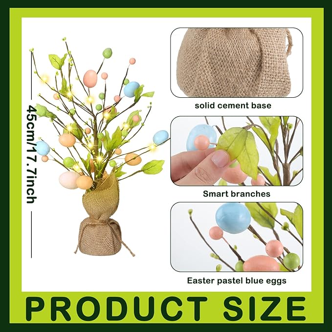 Marsui 2 Pcs Easter Egg Tree Decorations 18 Inch Pre Lit Easter Egg Tree Tabletop Decor with LED Light Spring Party Decoration Gifts for Home Table Centerpieces Pastel Blue Pink Yellow