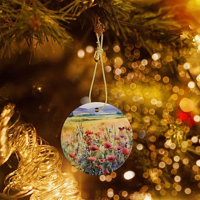 Watercolor Poppy Flowers Field Christmas Ornaments, Christmas Decorations Xmas Tree Hanging Ornaments, Round Ceramic Festive Keepsake Gift for Christmas Decorations Holiday Home Party Decors
