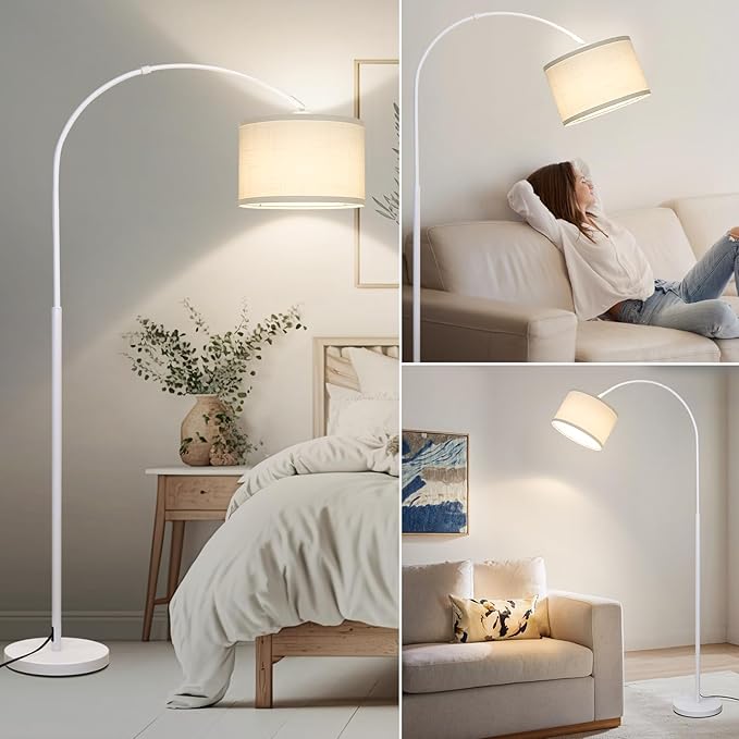 Seaside village Standing Lamp for Living Room, Dimmable Arc Floor Lamp with White Adjustable Hanging Shade, Modern Pole Lamp Tall Reading Light for Bedroom, Over Couch, Office, 9W LED Bulb Included