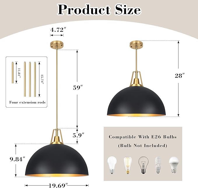 19.69" Large Black Dome Pendant Light Fixtures, Black and Gold Dome Pendant Lights for Kitchen Island, Farmhouse Chandeliers for Dining Room, Living Room, Bedroom, Entryway, Foyer