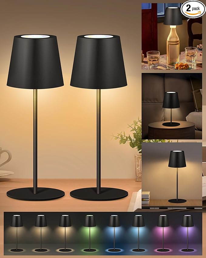 2 Pack Cordless RGB Table Lamp,Wireless Bottle Lamp,3 Level Dimming & RGB Cycle LED Portable Desk lamp,5000mAh Rechargeable Battery,Waterproof Outdoor,for Bedroom/Bars/Camping(Black)