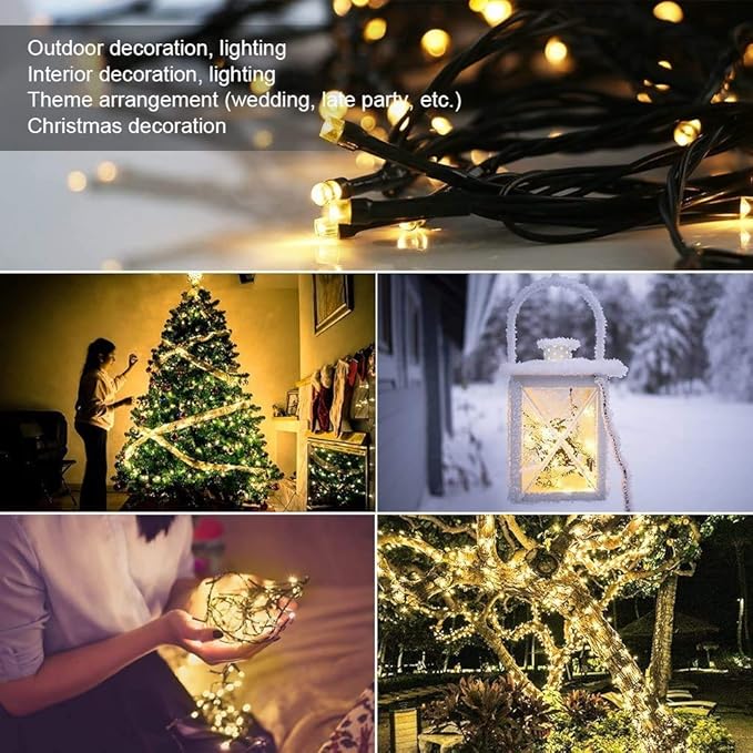 Fairy Black String Lights with Memory Function. Extendable 33ft 100 LED Plug in Cozy Warm White Decorations for Christmas Xmas Tree, Garden, Party, or Home, creating magical indoor outdoor Ambiance