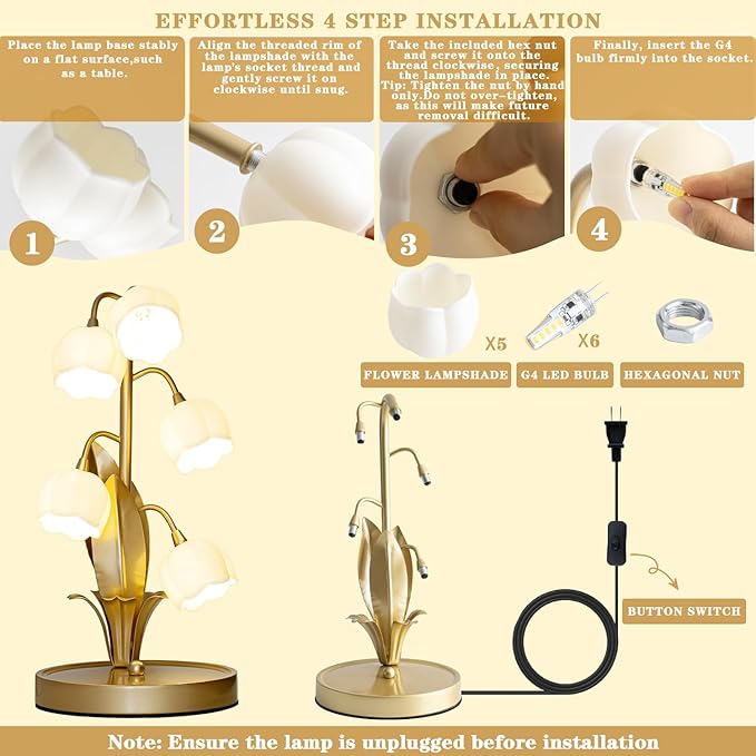 Flower Table Lamp, Lily of The Valley Lamp for Bedside Accent 3 Color Modes Cottagecore Soft Reading Night Light for Bedroom, Corner, Dorm, Entrance Home Vintage Decor (Gold)
