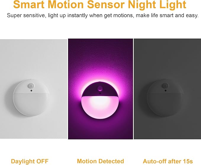 2 Pack Purple Battery Night Light, Motion Activated Night Light, 2.6" Small Sticky Lights, 3 Light Modes, Dimmable Calming Glow for Meditation, Relaxation, Bathroom, Bedroom, Travel, Violet