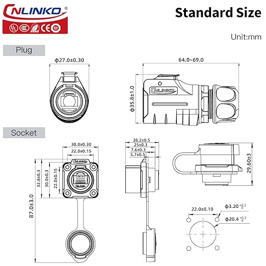 CNLINKO LP-20 RJ45 Waterproof Connector Set, CAT6 Ethernet Connector 8P8C Dual Port Connector Panel Mount Receptacles Socket IP68 Waterproof Connector (Black RJ45 4-Hole Set)