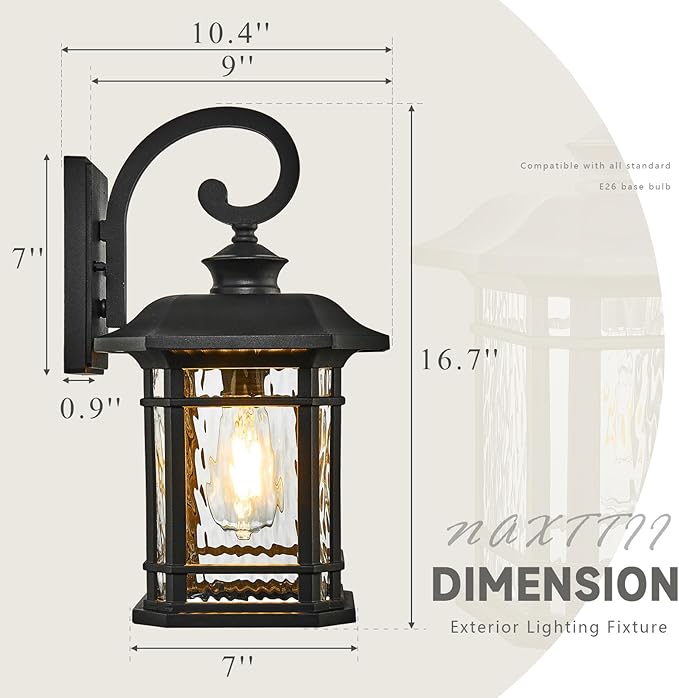 Matte Black Outdoor Wall Lights 16.7 Inch Height Waterproof Outdoor Wall Sconce Exterior Wall Light Fixtures with Water Ripple Glass for Garage Patio Front Door