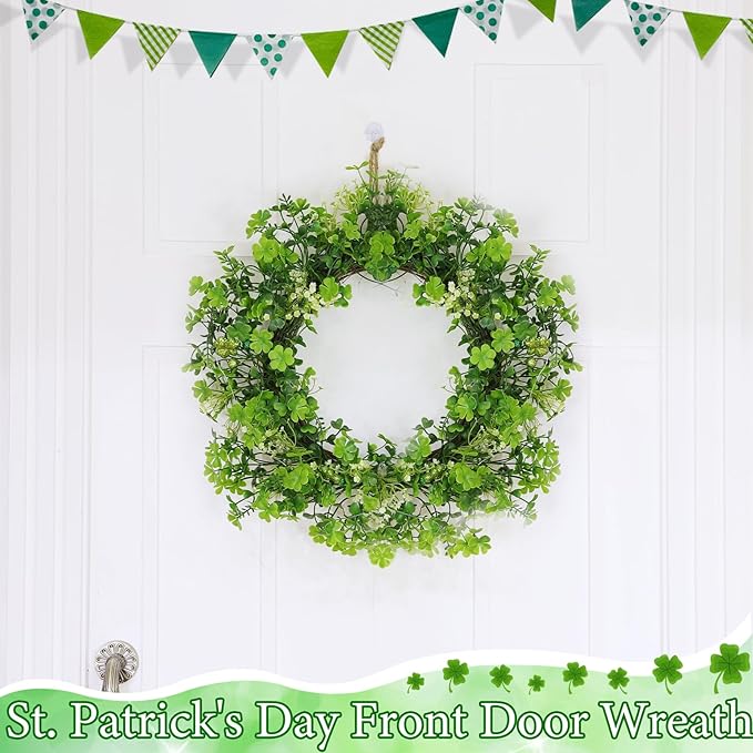 Thick & Timer - St Patricks Day Decorations, 18 Inch St Patricks Day Shamrock Wreaths for Front Door with 20 Green Lights Glitter Clover Berries Spring Wreath Irish St. Patrick's Day Door Decorations