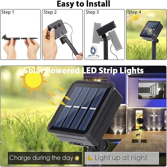 Solar LED Strip Lights Outdoor Solar Powered Rope Light Waterproof 10FT Cuttable Tape Lighting with 8 Modes for Fence, Outside, Stair, Step, Yard, Pool, Camping, Party, 1 Pack
