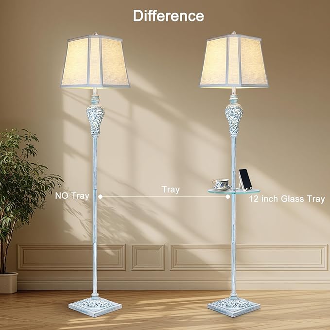 Vintage Floor Lamp with Night Light and Glass Tray, 65" High Retro Standing Lamp with Washed Blue Finish and White Linen Shade, Farmhouse Tall Lamp Decor for Living Room Bedroom House (Bulb Included)