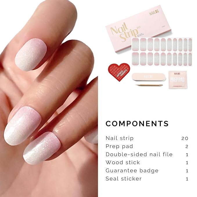 Semi Cured Gel Nail Strips - NAILOG 20 Pcs Gradient Clear Pink Nail Stickers Extra Long Wraps with Glossy Gel Finishing, French Gleam
