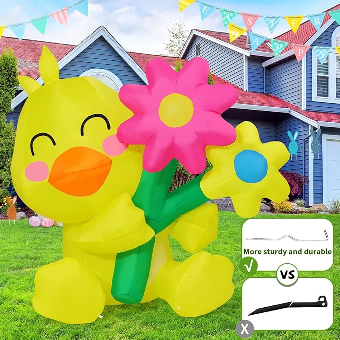 COMIN 5.2 FT Tall Easter Inflatables Chick take Flower Outdoor Decorations Blow Up Yard with Built-in LEDs for Indoor Party Garden Lawn Decor