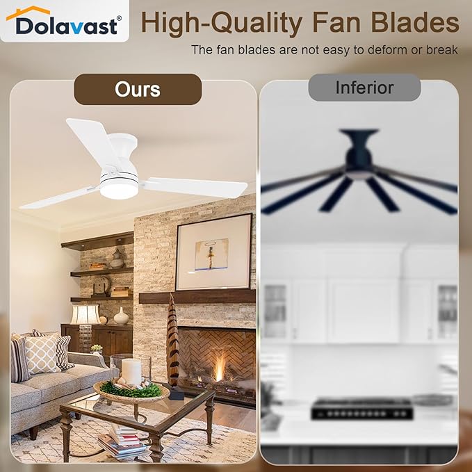 Ceiling Fans with Lights and Remote, 52 Inch Ceiling Fan with Light, Low Profile Reversible Ceiling Fans, Dimmable LED, Flush Mount, Quiet, DC Motor, White Ceiling Fan for Bedroom, Office