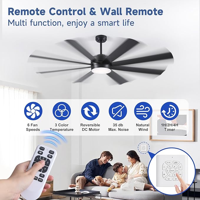 60 Inch Ceiling Fans with Lights, Ceiling Fans with Lights and Remote, Dimmable, Indoor/Outdoor Black Modern Ceiling Fan for Kitchen Living Room Patio, Shop Industrial, Dual Finish 8 Blades