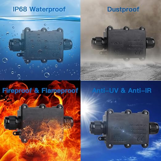 Helunsi Waterproof IP68 External Junction Box, 2 Way Outdoor Junction Box, Underground Plug Line Coaxial Cable Connector Wire Range 5 to 15mm Electrical Power Cord Weatherproof Junction Boxes - Black