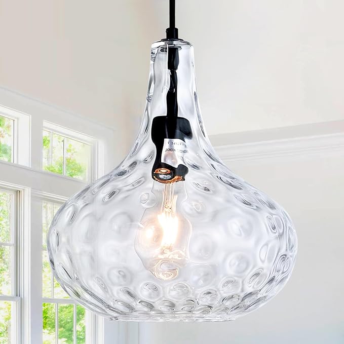 11" Blown Hammered Glass Pendant Light – Matte Black Ceiling Light for Kitchen Island, Dining Room, Hallway – E26 Base Hanging Fixture