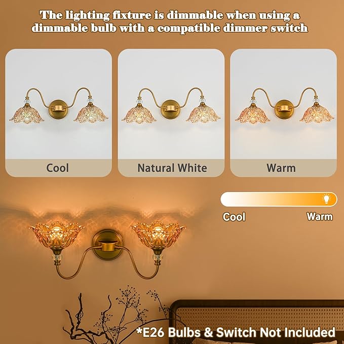 Vintage Bathroom Vanity Light, 2-Light Matte Brass Finish Vanity Light with Floral Amber Glass Shades, Retro Wall Sconce for Bathroom, Dressing Table