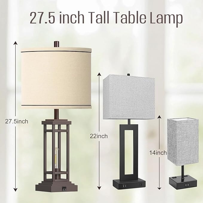27.5 Tall Farmhouse Table Lamps with USB C + USB A Charge Ports, Rustic Living Room Lamps Set of 2, Black Industrial End Table Lamp for Bedroom Living Room Nightstand (Oil-Rubbed Bronze)