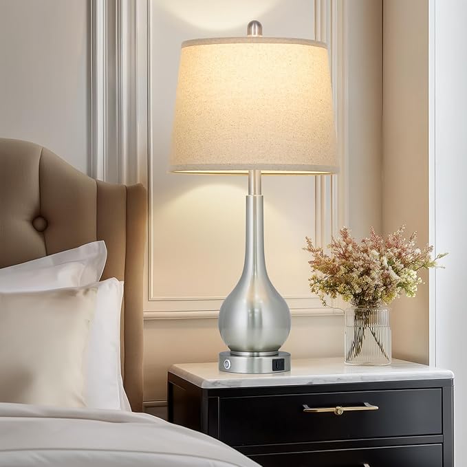 26" Silver Table Lamp for Living Room Single, Touch Control Bedside Lamp with USB Charging Ports, 3-Way Dimmable Brushed Nickel Bedroom Lamp for Nightstand (1 Pack)