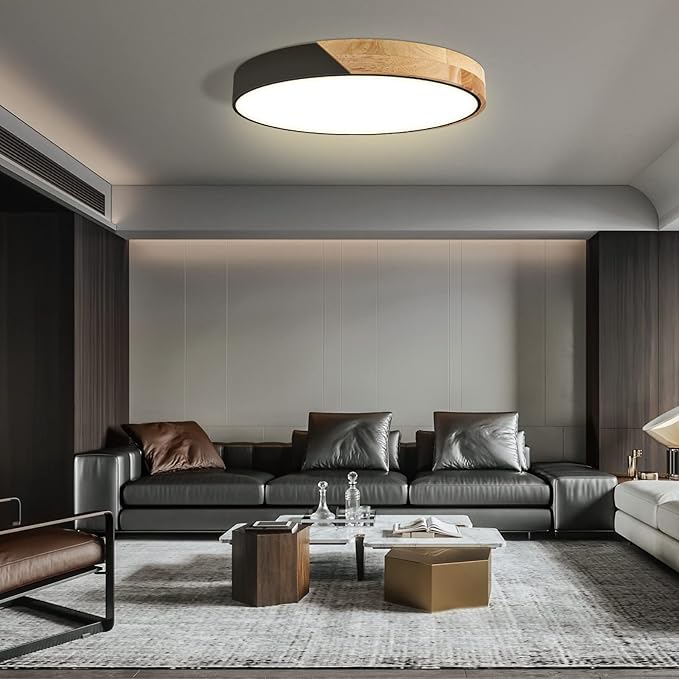 Led Ceiling Light Flush Mount: 15.8 Inch 30W Bedroom Light Fixture with Round Wood Modern Black Flat Overhead Minimalist Ceiling Lamps for Kitchen Hallway Laundry Warm White 3000K, Not Dimmable