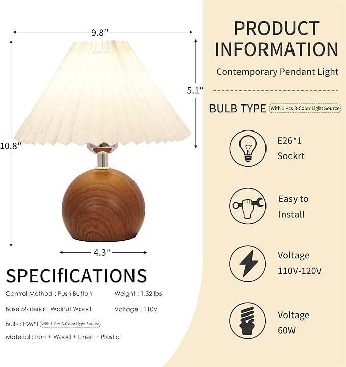 Small Pleated Table Lamp, Modern Bedside Nightstand Lamp with Pleated Shade, Cute LED Table Lamp for Bedroom, Mid-Century Night Light with Pleated Linen Shade(E26 Bulb Included)