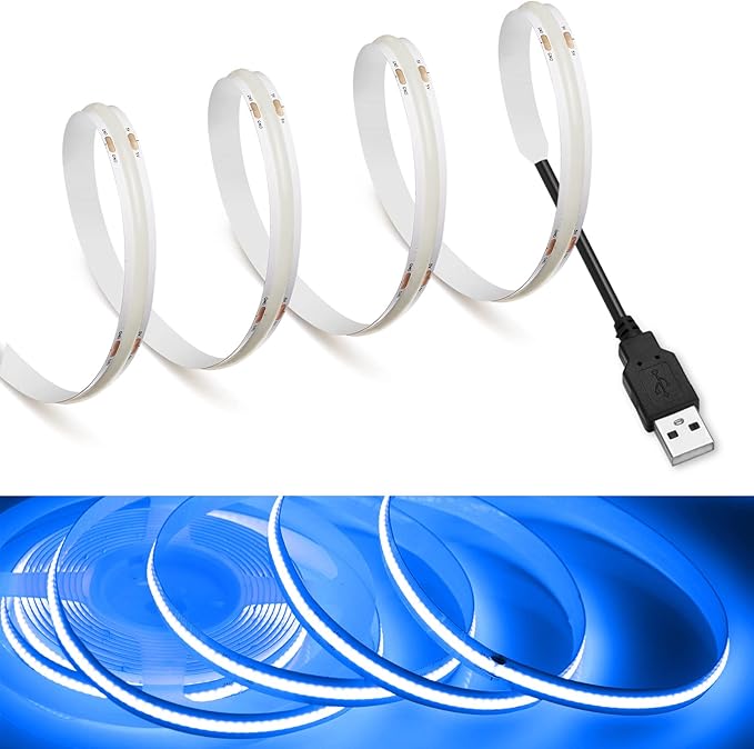 MDee】COB LED Strip Lights Blue 9.84ft/3m USB Powered 5V Flexible LED Tape Lights with USB Connector CRI 90+ 800LM/m 320LEDs/m for Indoor and Outdoor Décor（Blue9.84ft/3m）