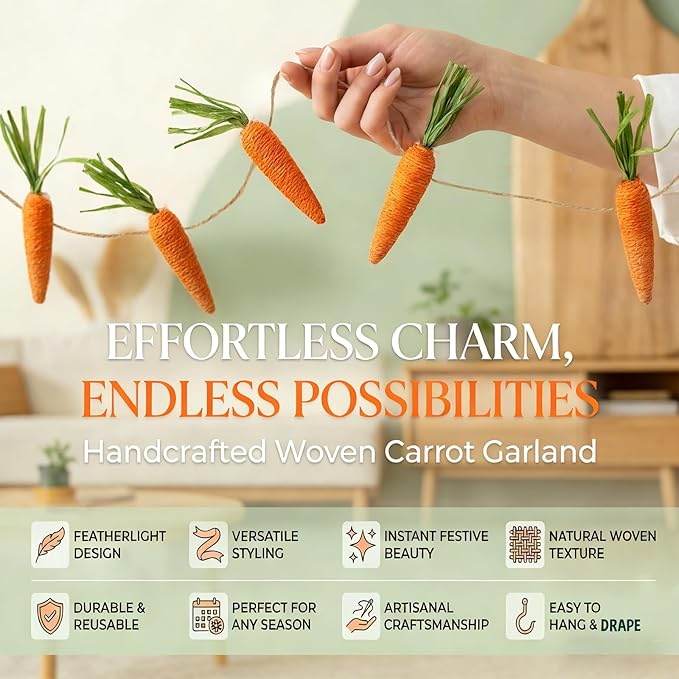 10 FT Artificial Easter Carrot Garland with 15 Carrot Ornaments - Easter Decoration Hanging Banner for Mantel Fireplace Home Kitchen Party Decor