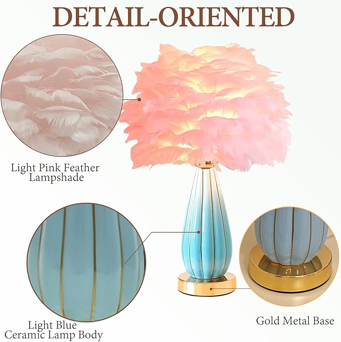 Pink Feather Table Lamp Creative Bedside Feather Lamp Simple Goose Furry Nightstand Light Fluffy Desk Lighting for Girl Bedroom Living Room Decoration Wedding Romantic Atmosphere