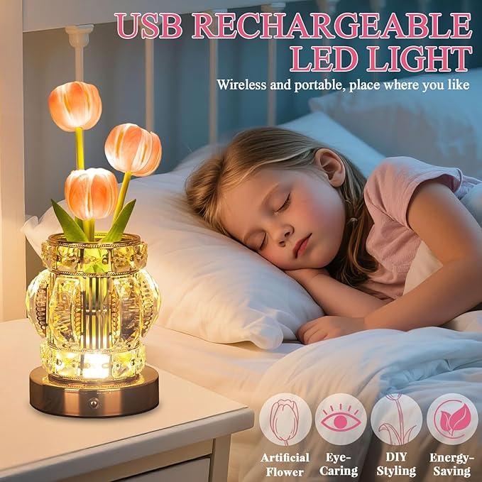 Tulip Table Lamp, Rechargeable Cordless Touch Dimming Artificial Tulip Flower Desk Lamp, LED Crystal Lamp Flower Bedside Night Light, Romantic Gifts for Girl Women Mom (Pink - Tulip)