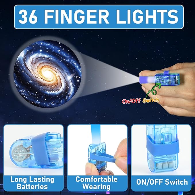 36PCS Space LED Finger Lights Outer Space Party Favors Glow in the Dark Light Up Finger Lights Solar System Themed Toys Bulk for Birthday Party Goodie Bag Stuffer Birthday Gifts Classroom Prize