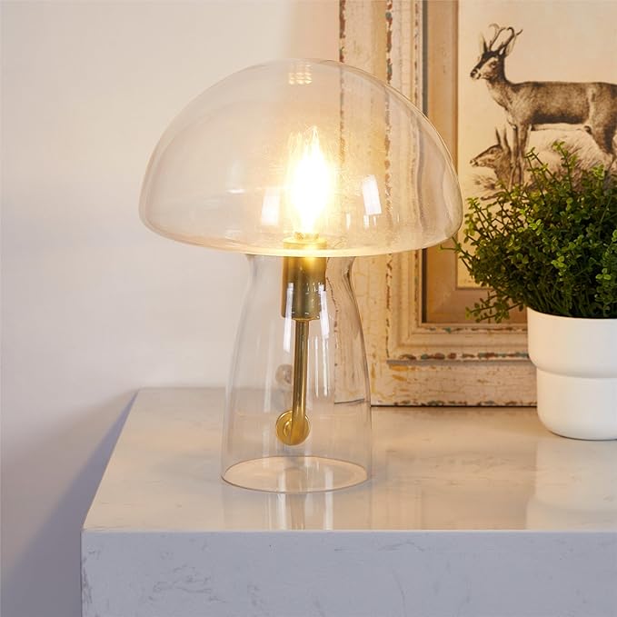 Urban Lifestyle Clear Mushroom Lamp,12" Glass Novelty Table Light, Plug-in Retro Decor for Bedroom, Living Room, Dorm