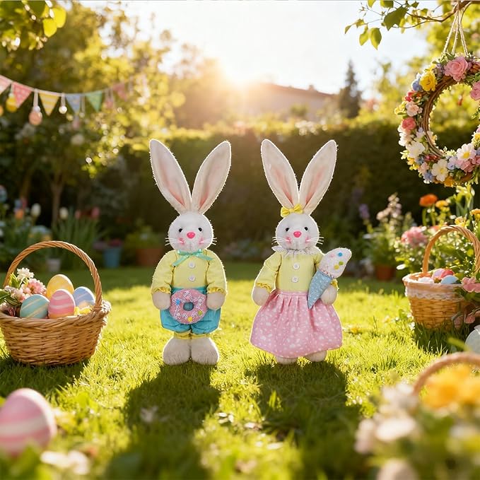 Glintoper 2 Pack Easter Decorations Standing Bunny with Stretchable Legs, 21" to 26" White Rabbits Couple Figurine, Party Favor Photo Props Gifts for Office Kitchen Farmhouse Front Door Spring Home