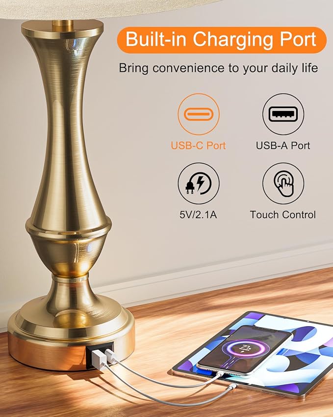 Seealle Upgraded Touch Lamps for Night Stands Set of 2 - Bedside Lamps with USB C+A, 3 Way Dimmable for Bedroom Living Room End Tables Office (Oat Shade&Coppery Base)