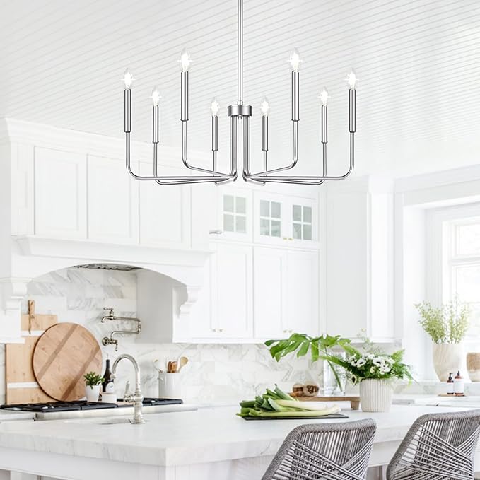 8-Light Farmhouse Chandelier for Dining Room Lighting Fixtures Hanging, Brushed Nickel Dining Light Fixtures Industrial Chandelier for Bedroom, Foyer, Hall, Kitchen, Living Room and Entryway