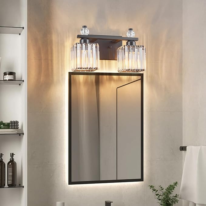 Vanity Lights 2-Light Modern Crystal Vanity Light Sand Black Bathroom Light Fixtures Over Mirror Crystal Bathroom Vanity Lighting Fixtures