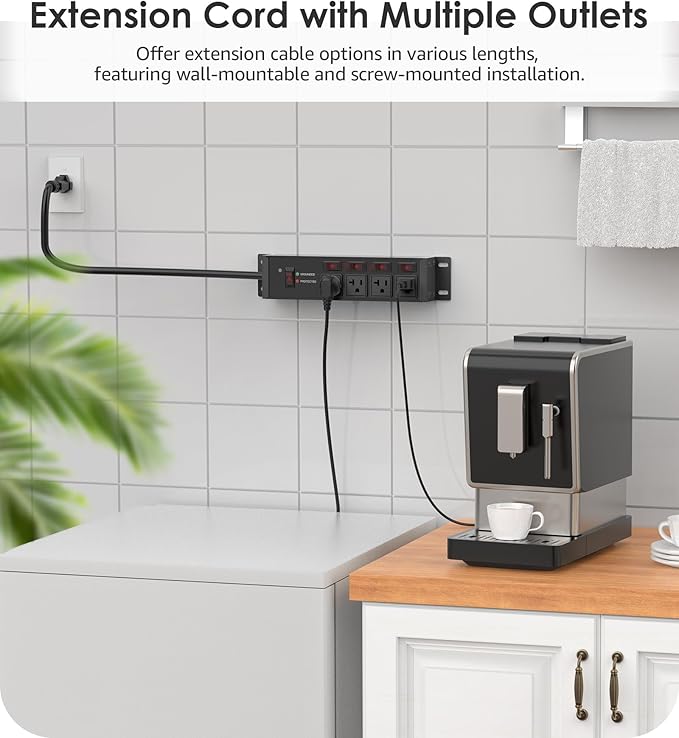CCCEI Heavy Duty Surge Protector Power Strip 20 Amp Individual Switches. 15FT 12 Gauge Extension Cord with Multiple Outlets. Kitchen, Garage, Shop, Industrial Wall Mount Electric Extender, Black.